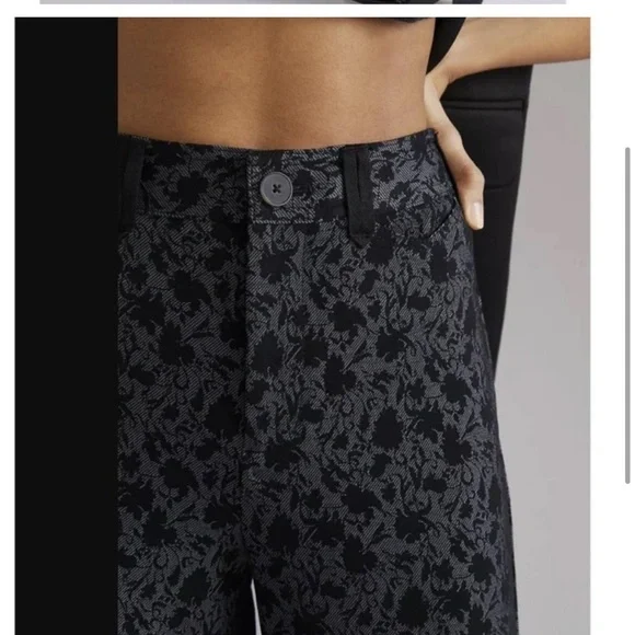 Anthropologie Maeve Jacquard Black Gray Floral Paisley Flare Wide Leg Pants 0 - Picture 3 of 7